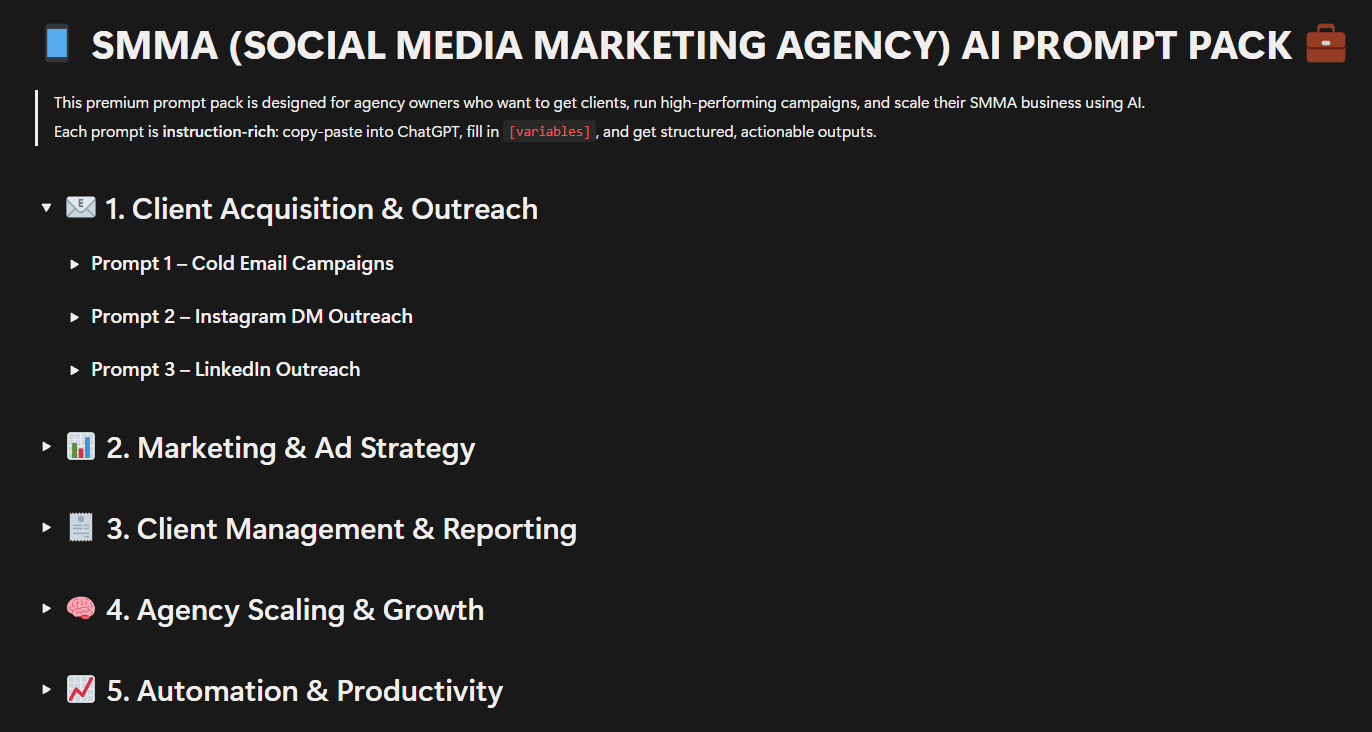 SMMA (SOCIAL MEDIA MARKETING AGENCY) AI PROMPT PACK