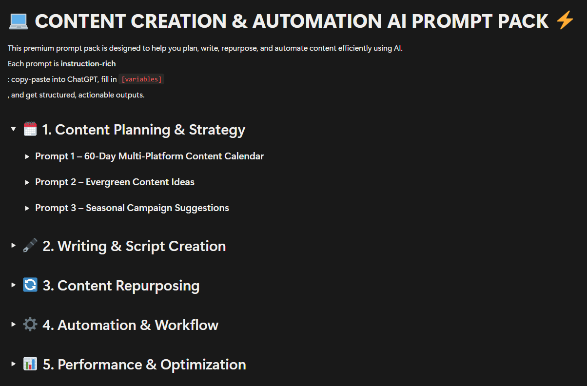 CONTENT CREATION & AUTOMATION AI PROMPT PACK